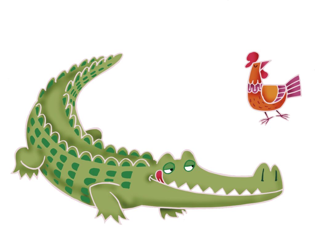 Ilustração do livro A galinha vaidosa e o crocodilo comilão. Uma divertida leitura infantil.